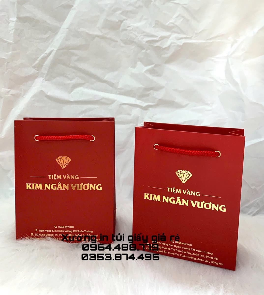 Túi tiệm vàng, trang sức, Ivory 230gsm, cán mờ, ép kim logo, quai dây dù xỏ, do In Bình An in cho Kim Ngân Vương, Bảo Tín Gold, Maivy, Ngọc Bích Jewelry